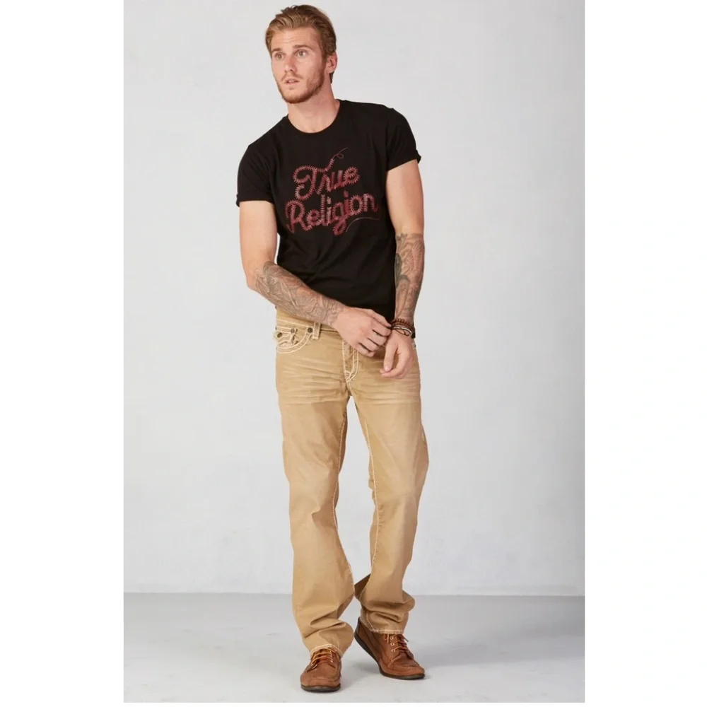 True Religion Men’s Tan Ricky Corduroy Super T-Stitch Relaxed Straight Leg Pant